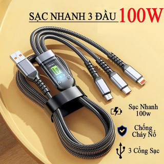 Cáp sạc 3 đầu sạc nhanh 100w 3 đầu micro usb type c 3 trong 1 dài 1m2.