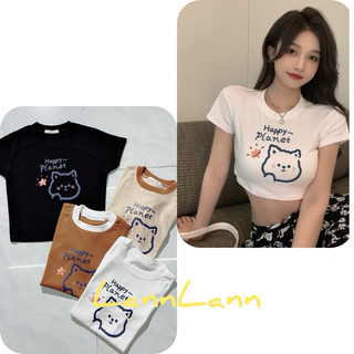 Áo Thun Croptop In Hình Gấu Happy Planet 4 Màu Tay Ngắn - LanLann