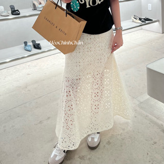 HÈO | Mira Skirt Chân Váy Midi Dài Xoè Nhẹ Thô Boi Đục Lỗ Hoa