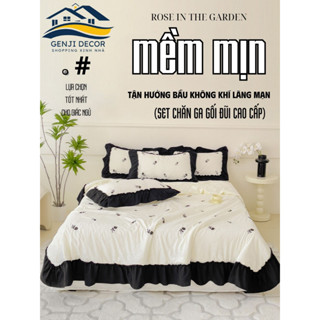 Bộ chăn ga gối cotton đũi thêu hoa hồng nhập khẩu Genji Decor đầy đủ kích thước nệm
