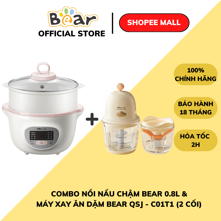COMBO Nồi nấu chậm 1.6L Bear SUBE002 và máy xay ăn dặm 2 cối Bear QSJ-C01T1, Chính Hãng, BH 18 tháng