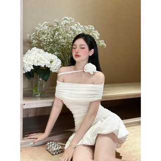 Váy Nhúng Trễ Vai Bồng Kèm Dây Hoa Cực Xinh , Phía Trên Chất Thun Nhũ Co Giãn Vừa Phải Đi Chơi Đi Tiệc