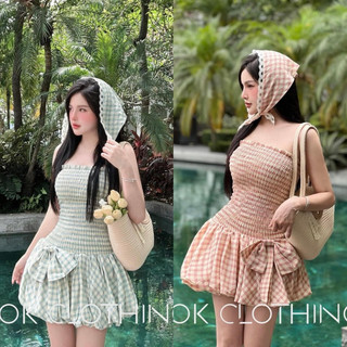 Váy kẻ quây chun nhúm chân bí nơ kèm khăn turban 2 màu siêu xinh đi biển đi du lịch siêu xinh
