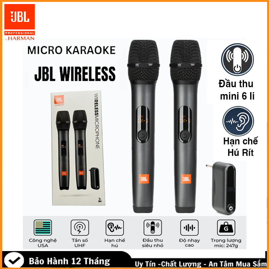 Micro Karaoke J.B.L WIRELESS Gia Đình,Công nghệ UHF - Chống hú,Bắt Âm Chuẩn,Sử Dụng Cho Tất Loại Loa Kéo, Vang, Amply,