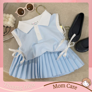 TT463 Set áo đính nơ eo kèm chân váy xếp ly cho bé - MOMCARE