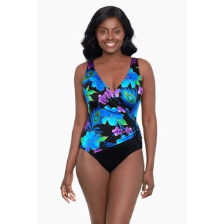 Bikini 1 mảnh kín đáo che bụng, bộ đồ bơi kín đáo màu đen phối xanh nhún eo hàng VNXK của LOUNGITUDE