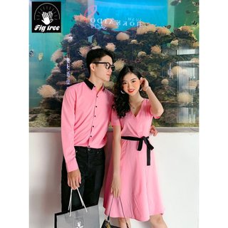 Áo cặp nam sơ mi váy nữ fig tree màu hồng phối ngọt ngào