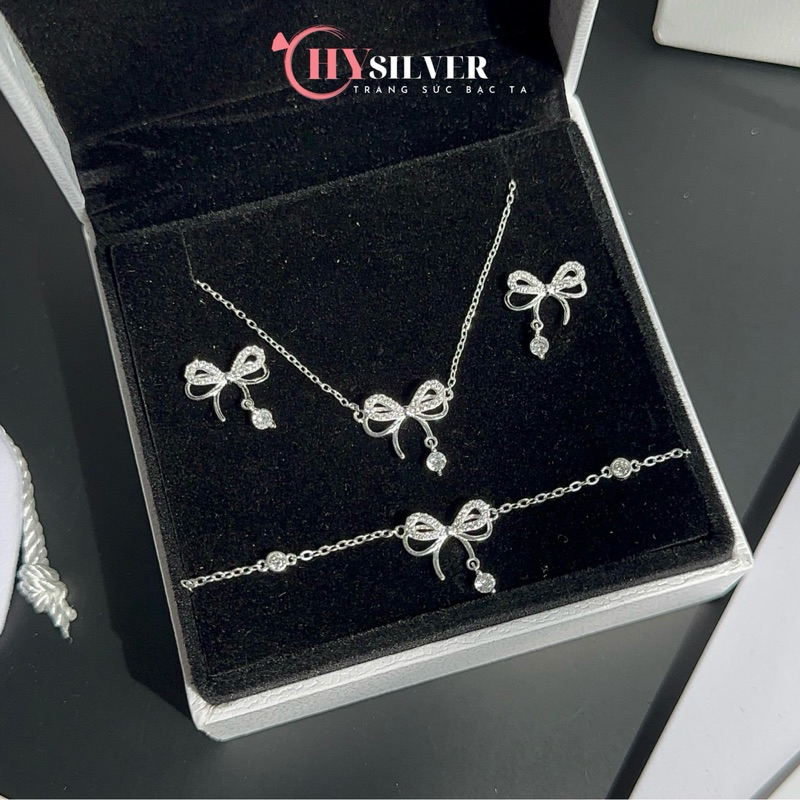 Set trang sức bạc CHYSILVER nơ đính đá rơi bạc thật