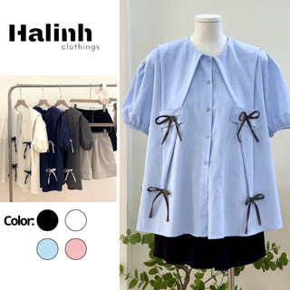 SET Áo sơ mi cổ vạt nhọn Halinh- Sơ mi dài đính nơ chất vải đũi nhăn M174