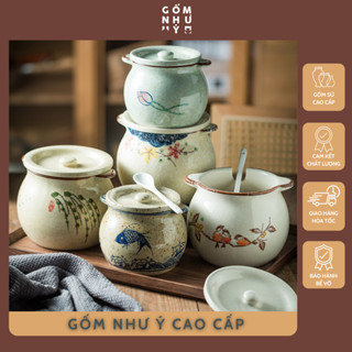 Hũ sứ đựng gia vị, mỡ lợn, các loại hạt khô 300ml - 2100ml men mịn họa tiết tiểu cổ decor bếp