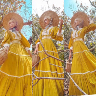  Váy maxi vàng họa tiết phối ren đi biển dáng xoè phong cách nàng thơ dễ thương 