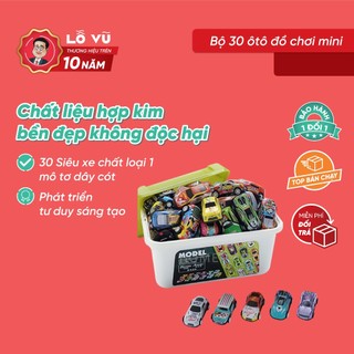 Bộ ô tô đồ chơi mini, Hộp 30 ô tô, Thùng 30 xe đồ chơi nhiều màu kèm thùng đựng có quai xách
