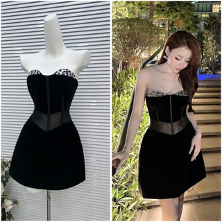 Đầm xoè cúp nhung phối lưới kết đá sang trọng