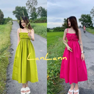 ĐẦM KIỂU 2 DÂY NHÚNG BO EO DÁNG DÀI TIỂU THƯ - LanLan