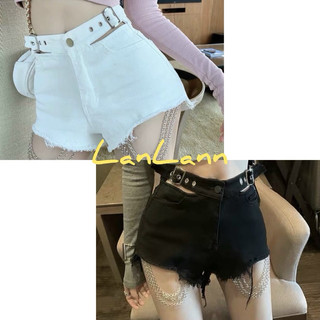 Quần short kaki khoen nịt lai tua dây xích cá tính - lanlann