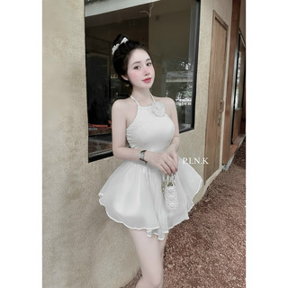 Váy cổ yếm hoa cài phối chân váy tơ xoè dễ thương