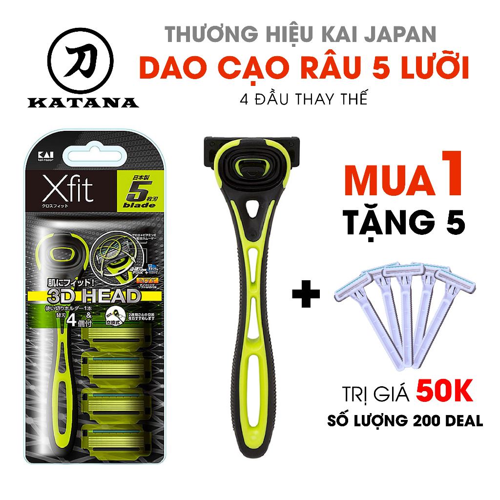[Mua 1 tặng 5] Dao cạo râu cao cấp Nhật Xfit 5 lưỡi màu xanh 4 đầu thay (hộp dài) có gel cạo êm