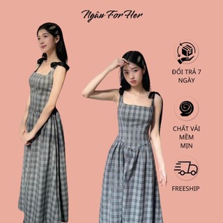 EM MAXI- Đầm Maxi Caro Dây Buộc Nơ, Đầm Caro Dài Dây Nơ Ngâu For Her