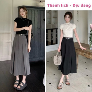  Chân váy dáng dài 88cm ulzzang midi xếp ly xẻ trước đi làm đi chơi phong cách Douyin trẻ trung màu đen ghi 