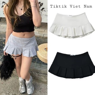 Chân váy cạp trễ dáng ngắn xếp ly cỡ vừa có quần bảo hộ màu trơn phong cách Y2K CVXL006 - Tiktik