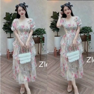 Đầm hoa voan 4 tầng tay phồng tiểu thư thời trang nữ