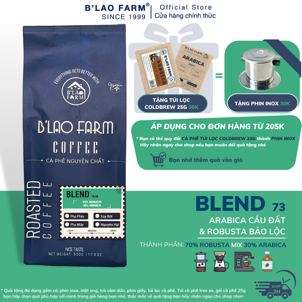 Cà phê nguyên chất BLEND B’Lao Farm 70% cà phê Robusta 30% cà phê Arabica cà phê rang mộc pha phin pha máy ngọt hậu C73