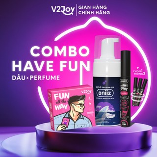  Combo Have Fun V2Joy - Bao cao su 3in1 hương dâu Bọt vệ sinh nam giới Oniiz và Xịt thơm miệng Dating spray tùy chọn 