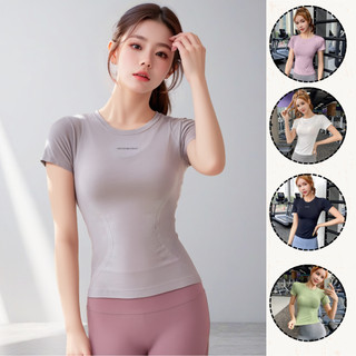 Áo tập gym nữ tay ngắn ôm body AMI vải dệt, Áo thể thao nữ ngắn tay tập thể dục đạp xe chạy bộ co giãn thoáng khi AMI01