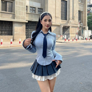 Áo sơ mi thun sọc kèm cavat xanh nâu