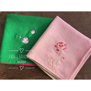 Khăn tay linen thêu hoa sen. Quà tặng handmade