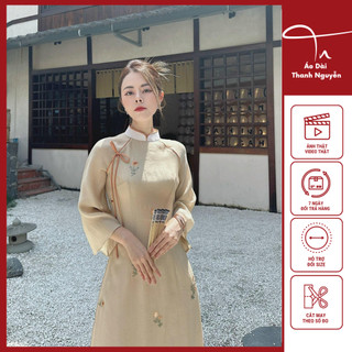 Sét áo dài cách tân nữ voan tơ thêu 4 tà cổ cao loe đính nơ, áo dài ' Chi Giao '