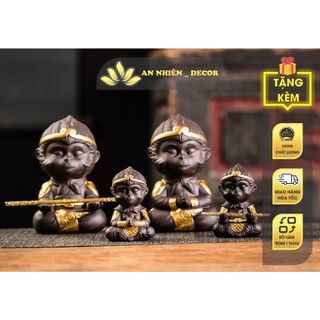 Tượng Khỉ (Mỹ Hầu Vương) - Gốm sứ Tử Sa Cao Cấp - Thủ Công size L (12.5cm) - Gậy như ý Thép mạ đồng
