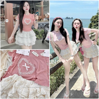Set áo tăm hồng pha viền ren trái tim đính nơ ngực kèm cv kem bèo tầng dễ thương