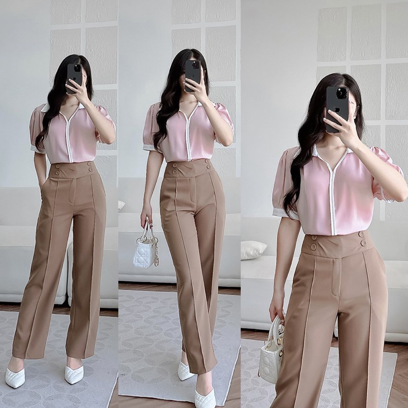 Quần suông phối cạp 4 cúc bọc