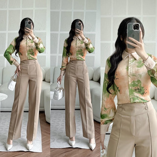 Quần suông phối cạp 4 cúc bọc