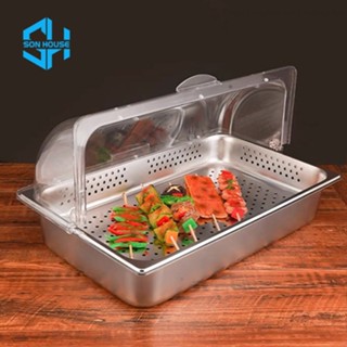  Khay inox đục lỗ úp ly chén để ráo nước rau củ quả giữ lạnh hải sản đồ ăn tươi sống có nắp đậy 