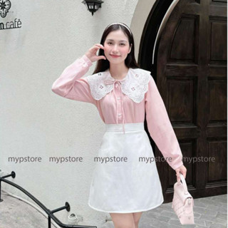 Áo sơ mi bâu ren cột nơ tay phồng dài Mypstore