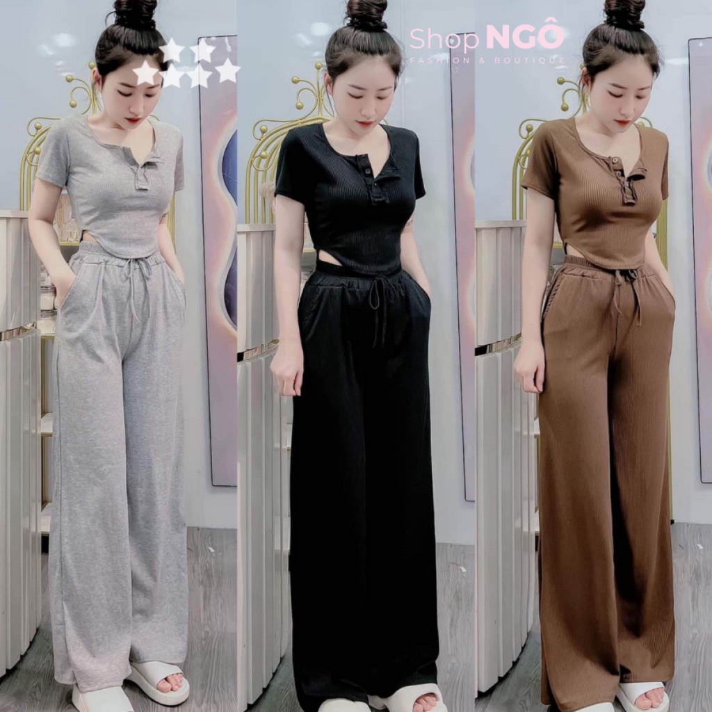 Set bộ đồ nữ,set áo croptop vạt bầu gài nút tay ngắn phối quần ống suông 3 màu chất thun gân hình thật trải sàn