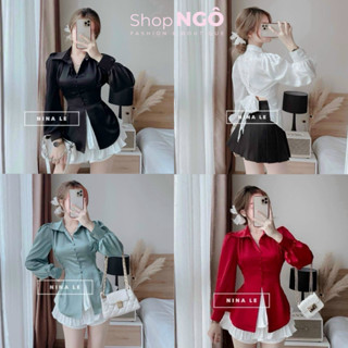 Áo thời trang nữ sơ mi tay dài nút bọc thắt nơ eo sau lưng mix chân váy tầng 4 màu hottrend cho các nàng xinh