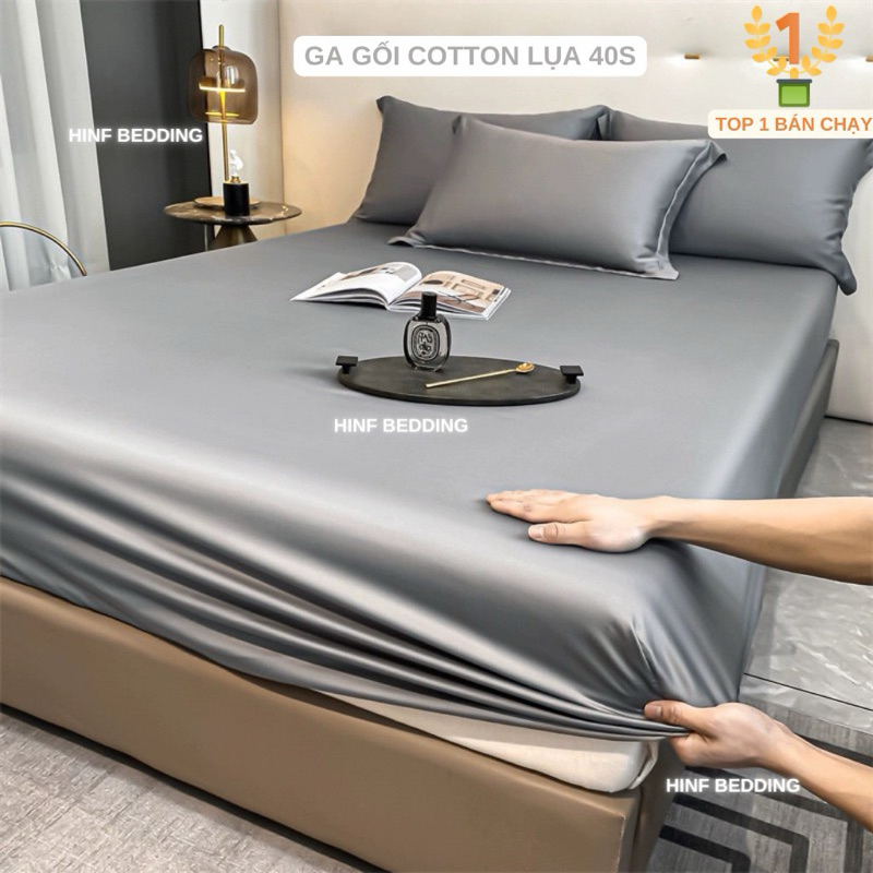 Bộ Ga Gối Cotton Lụa Hàn Quốc 3 Món HINF BEDDING Ga Giường Bo Thun Màu Basic Trơn Đủ Size Cho Đệm Ca