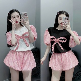 Set Đồ Nữ Tk Áo Tăm Gắn Nơ Quần Bí 2 Lớp
