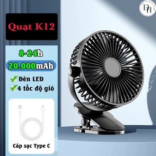  Quạt Tích ĐIện K12 Kẹp Bàn Cầm Tay Nhiều Cấp Độ Làm Mát Dung Lượng Siêu Lớn 20000mAh 