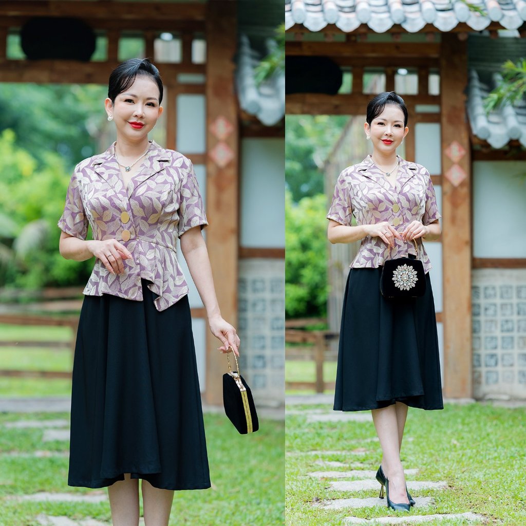 Đầm Trung Niên Bigsize Đầm Xoè Gấm Cổ Vest Phối Váy Lụa Cao Cấp Phù Hợp Đi Tiệc 3404