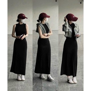 METWO. - Váy maxi thun zip cotton trơn đen ba lỗ sát nách dáng dài ôm body basic co dãn ulzzang tiểu thư Hàn Quốc #280