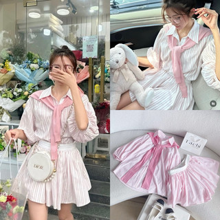 Set crop dạ hồng viền trắng + chân váy