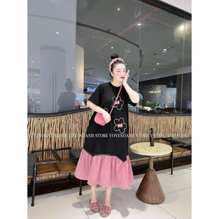 Váy Babydol Đuôi Cá, Đầm Suông Hoa Phối Chân Hồng From Rộng Dáng Dài Chất Cotton ( Không  Túi)