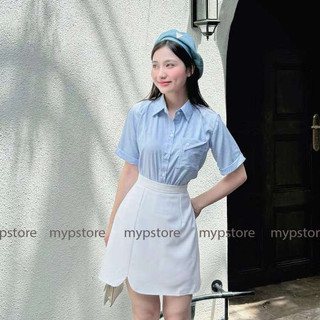 Áo sơ mi sọc lụa tay ngắn túi gấp chéo cách điệu Mypstore