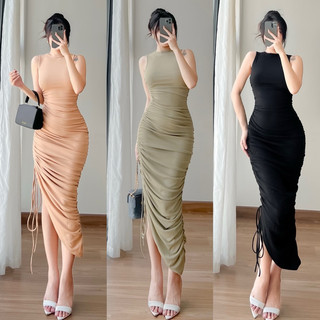 Đầm body sát nách nhún thân rút dây xéo che khuyết điểm ôm body tôn dáng