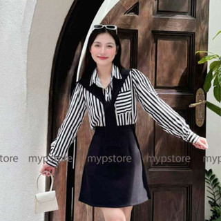 Áo sơ mi sọc to tay dài kèm khăn choàng rời Mypstore