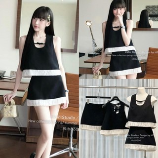 Sét bộ váy nữ áo 2 dây 3 lỗ phối bèo viền nơ kèm chân váy chữ a có lót size s m - halinh shop - sét áo kèm chân váy